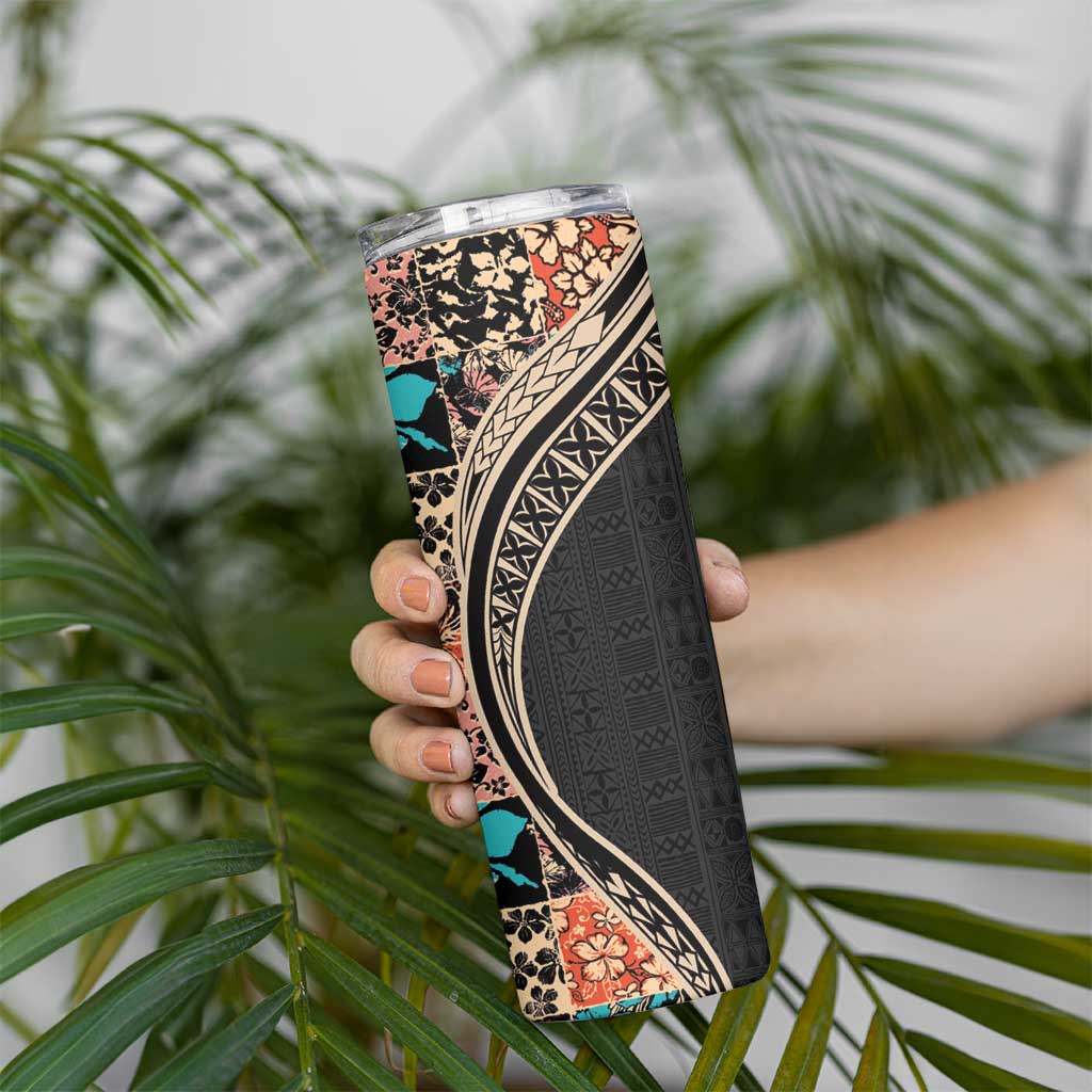 Hawaiian Hibiscus and Tropical Leaves Skinny Tumbler Patchwork Grunge Abstract and Tapa Tribal Pattern Half Style LT03 - Polynesian Pride