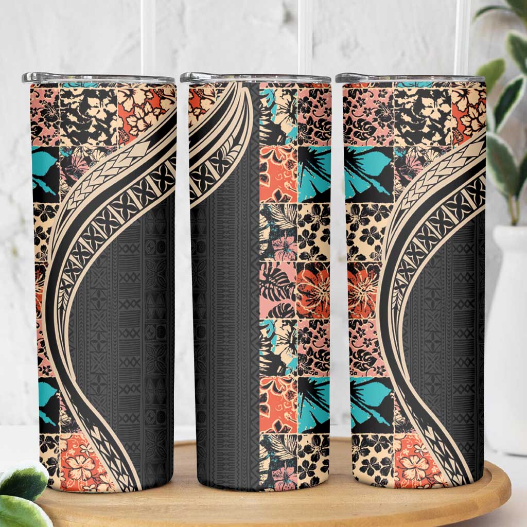 Hawaiian Hibiscus and Tropical Leaves Skinny Tumbler Patchwork Grunge Abstract and Tapa Tribal Pattern Half Style LT03 - Polynesian Pride