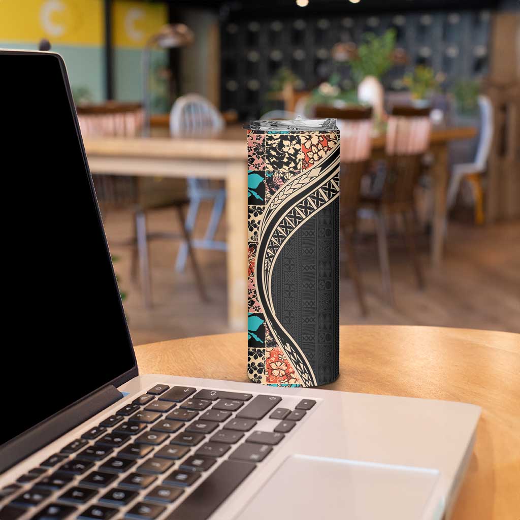 Hawaiian Hibiscus and Tropical Leaves Skinny Tumbler Patchwork Grunge Abstract and Tapa Tribal Pattern Half Style LT03 - Polynesian Pride