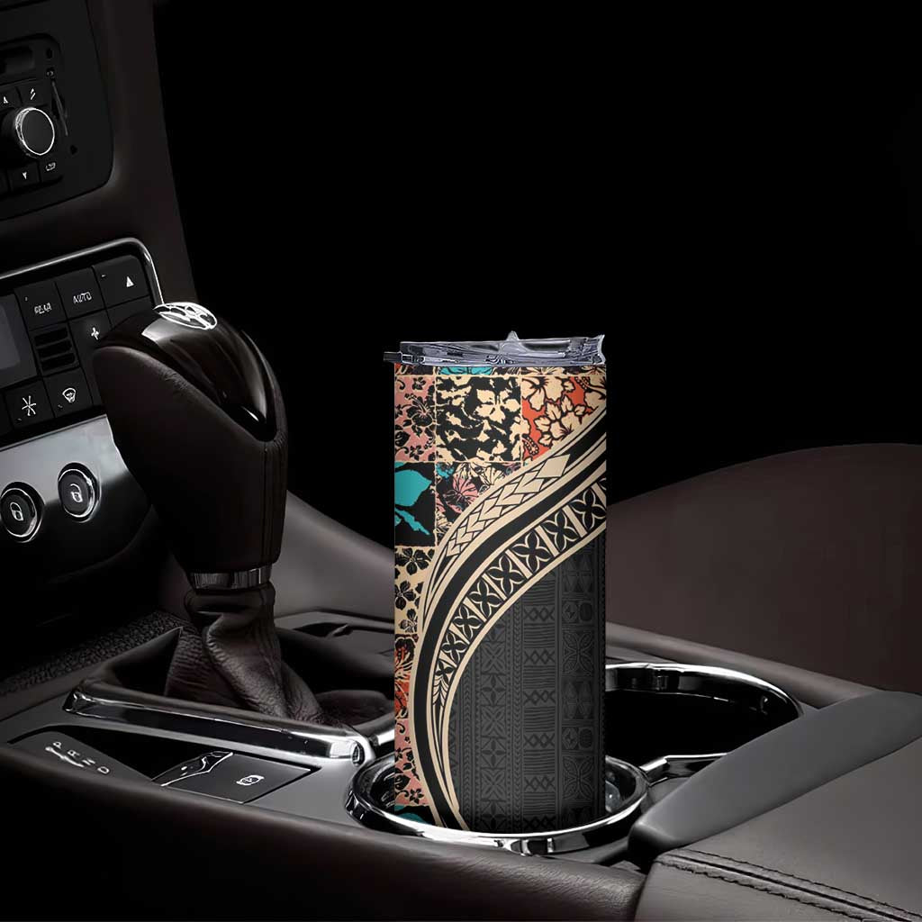 Hawaiian Hibiscus and Tropical Leaves Skinny Tumbler Patchwork Grunge Abstract and Tapa Tribal Pattern Half Style LT03 - Polynesian Pride