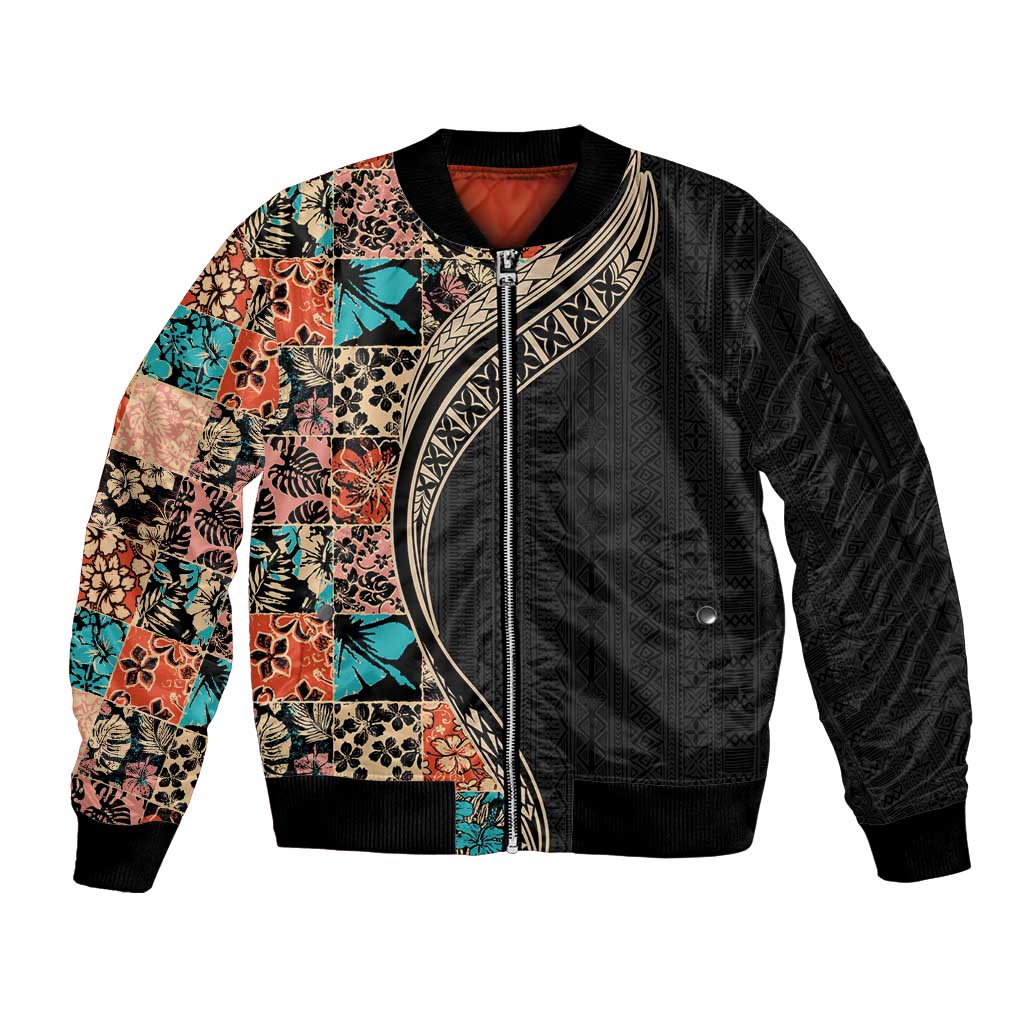 Hawaiian Hibiscus and Tropical Leaves Sleeve Zip Bomber Jacket Patchwork Grunge Abstract and Tapa Tribal Pattern Half Style LT03 Unisex Black - Polynesian Pride