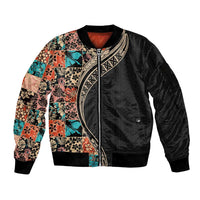 Hawaiian Hibiscus and Tropical Leaves Sleeve Zip Bomber Jacket Patchwork Grunge Abstract and Tapa Tribal Pattern Half Style LT03 Unisex Black - Polynesian Pride