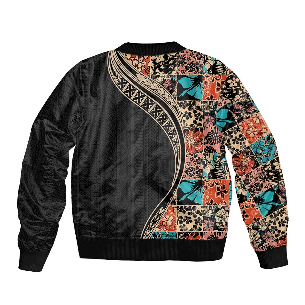 Hawaiian Hibiscus and Tropical Leaves Sleeve Zip Bomber Jacket Patchwork Grunge Abstract and Tapa Tribal Pattern Half Style LT03 - Polynesian Pride