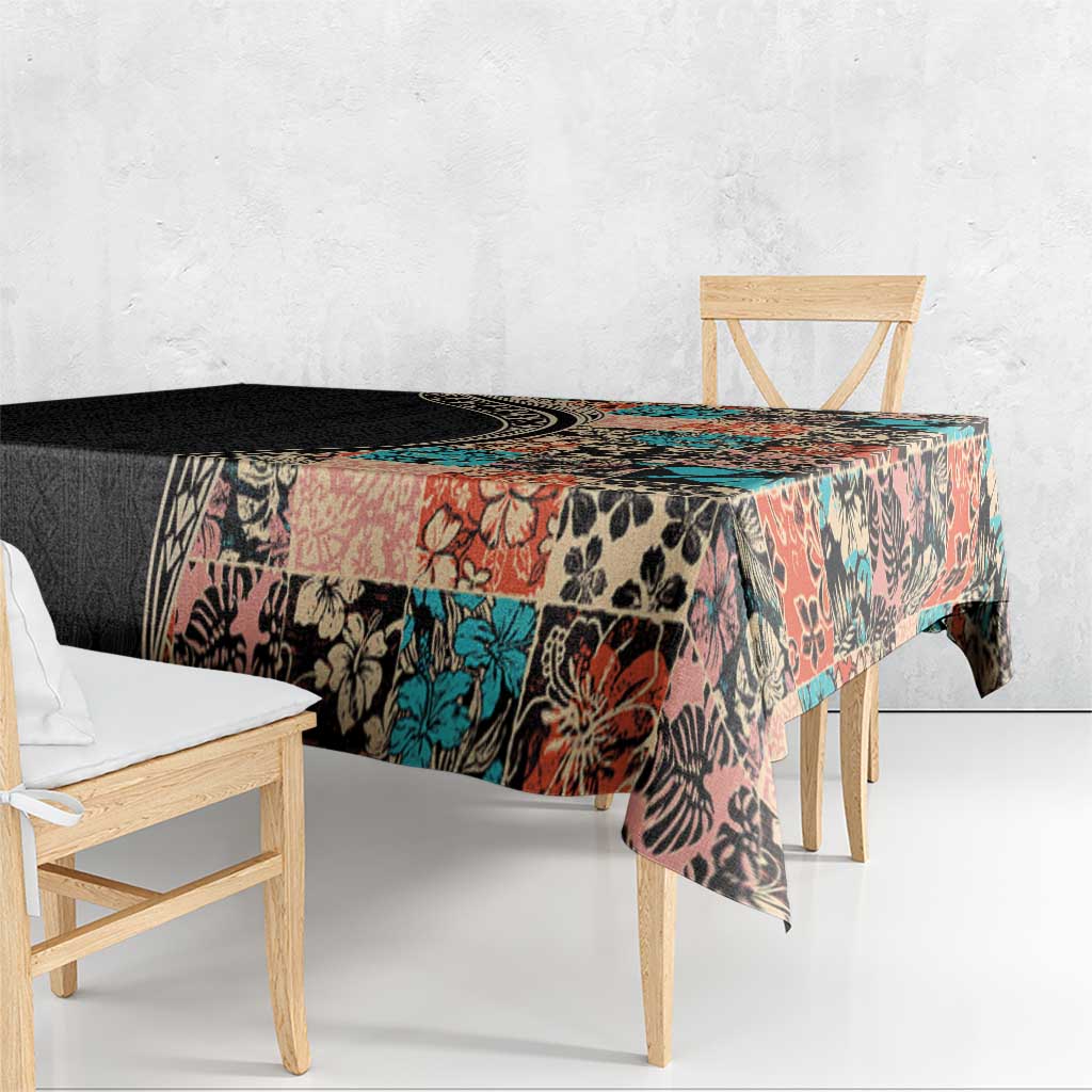 Hawaiian Hibiscus and Tropical Leaves Tablecloth Patchwork Grunge Abstract and Tapa Tribal Pattern Half Style