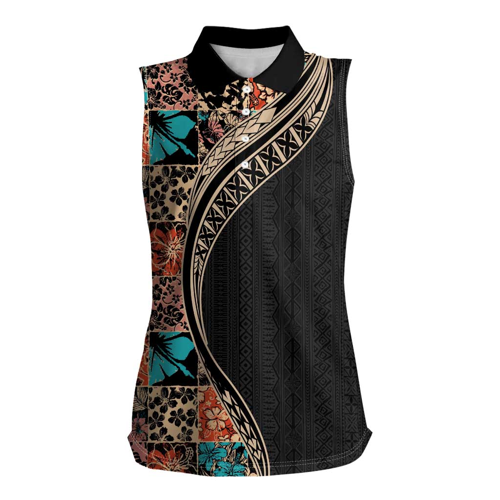 Hawaiian Hibiscus and Tropical Leaves Women Sleeveless Polo Shirt Patchwork Grunge Abstract and Tapa Tribal Pattern Half Style LT03 Female Black - Polynesian Pride