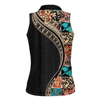 Hawaiian Hibiscus and Tropical Leaves Women Sleeveless Polo Shirt Patchwork Grunge Abstract and Tapa Tribal Pattern Half Style LT03 - Polynesian Pride