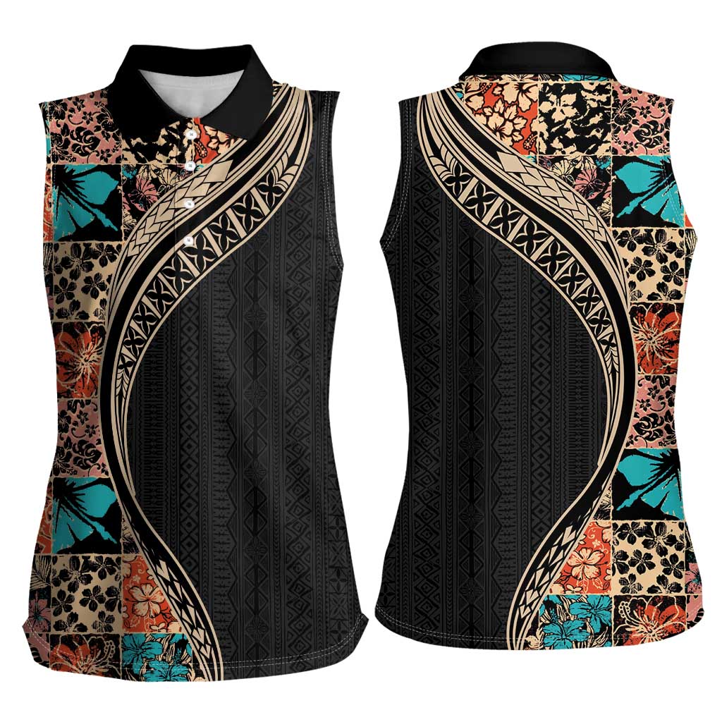Hawaiian Hibiscus and Tropical Leaves Women Sleeveless Polo Shirt Patchwork Grunge Abstract and Tapa Tribal Pattern Half Style LT03 - Polynesian Pride