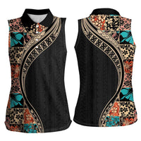 Hawaiian Hibiscus and Tropical Leaves Women Sleeveless Polo Shirt Patchwork Grunge Abstract and Tapa Tribal Pattern Half Style LT03 - Polynesian Pride