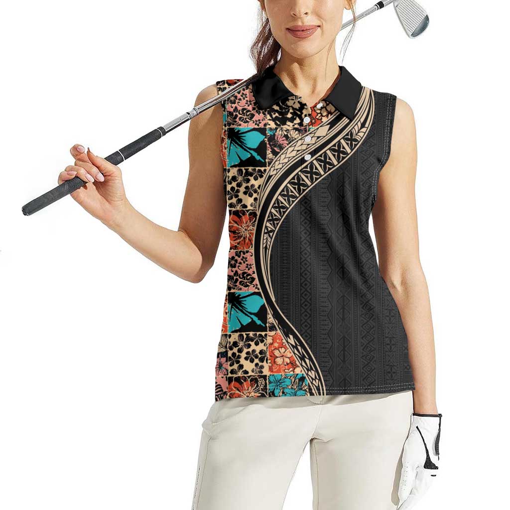 Hawaiian Hibiscus and Tropical Leaves Women Sleeveless Polo Shirt Patchwork Grunge Abstract and Tapa Tribal Pattern Half Style LT03 - Polynesian Pride