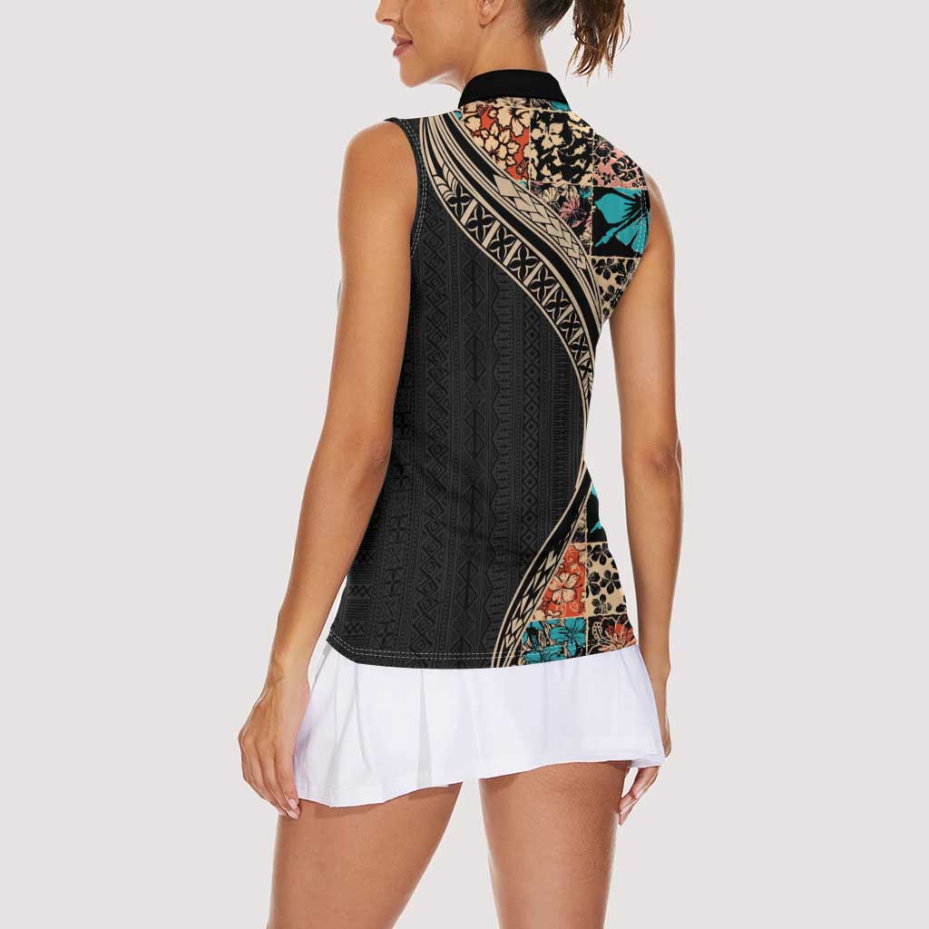 Hawaiian Hibiscus and Tropical Leaves Women Sleeveless Polo Shirt Patchwork Grunge Abstract and Tapa Tribal Pattern Half Style LT03 - Polynesian Pride