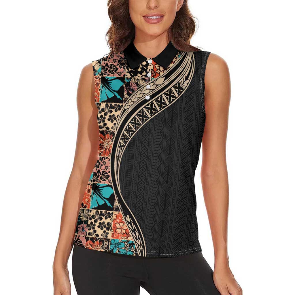 Hawaiian Hibiscus and Tropical Leaves Women Sleeveless Polo Shirt Patchwork Grunge Abstract and Tapa Tribal Pattern Half Style LT03 - Polynesian Pride