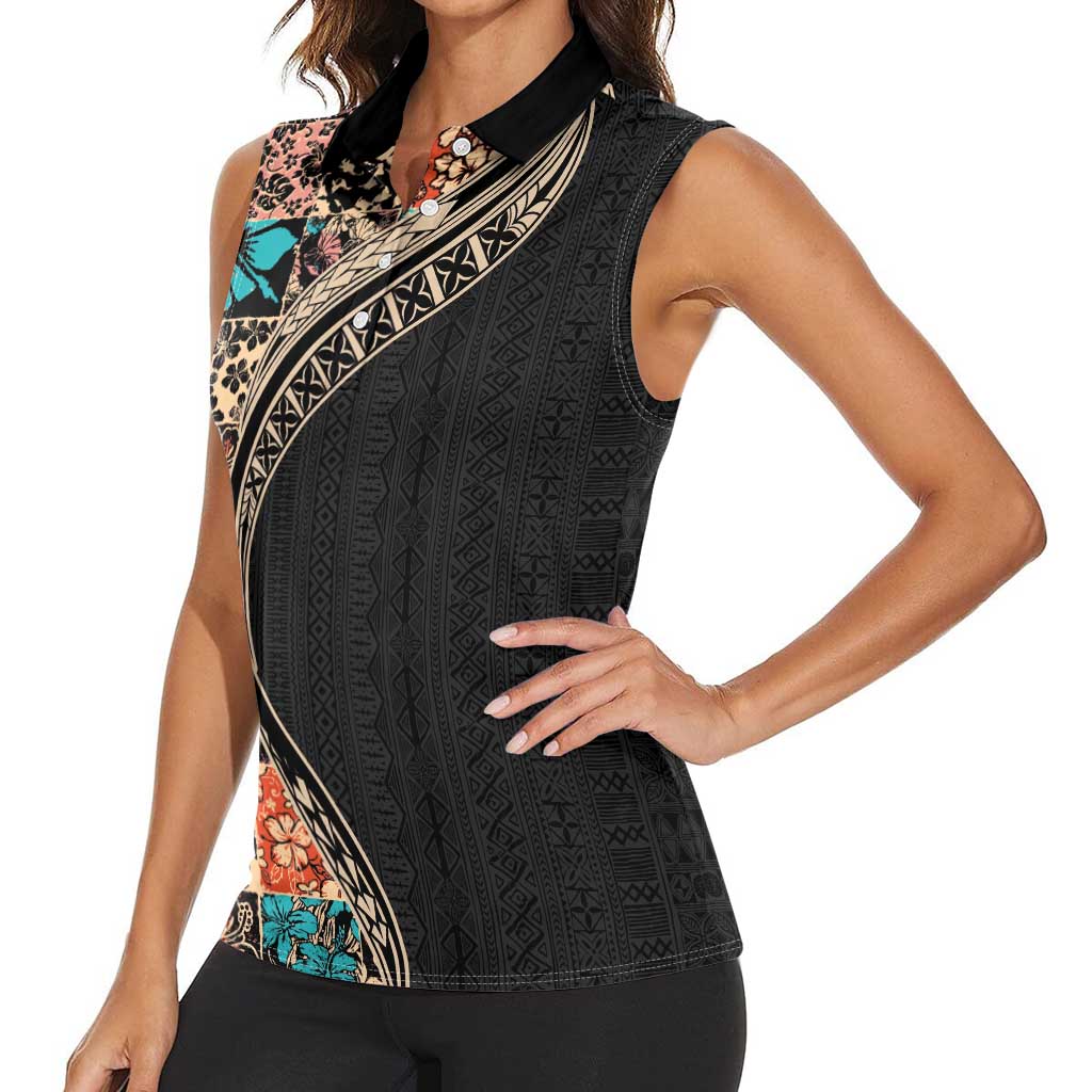 Hawaiian Hibiscus and Tropical Leaves Women Sleeveless Polo Shirt Patchwork Grunge Abstract and Tapa Tribal Pattern Half Style LT03 - Polynesian Pride
