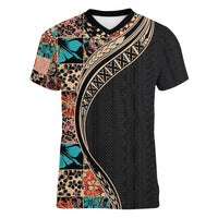 Hawaiian Hibiscus and Tropical Leaves Women V-Neck T-Shirt Patchwork Grunge Abstract and Tapa Tribal Pattern Half Style LT03 Female Black - Polynesian Pride
