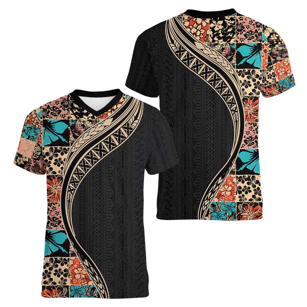 Hawaiian Hibiscus and Tropical Leaves Women V-Neck T-Shirt Patchwork Grunge Abstract and Tapa Tribal Pattern Half Style LT03 - Polynesian Pride