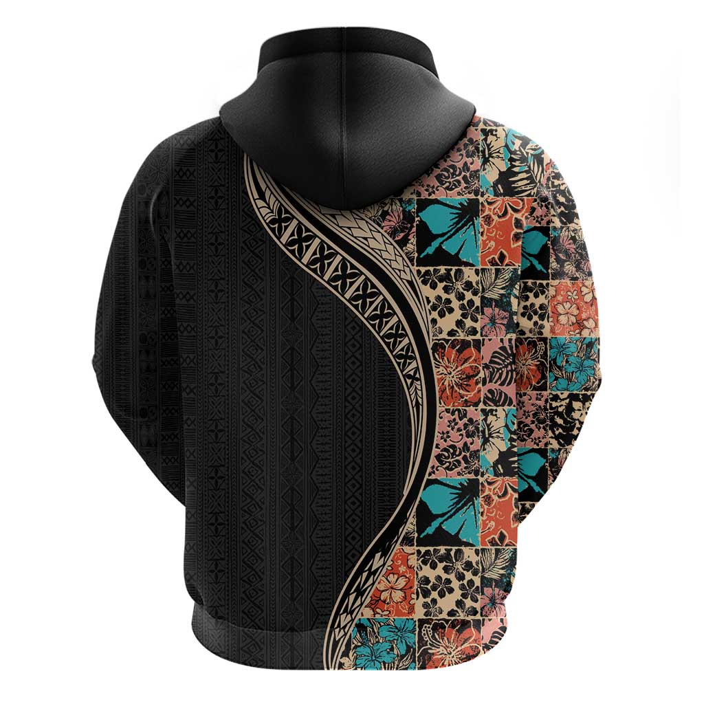 Hawaiian Hibiscus and Tropical Leaves Zip Hoodie Patchwork Grunge Abstract and Tapa Tribal Pattern Half Style LT03 - Polynesian Pride