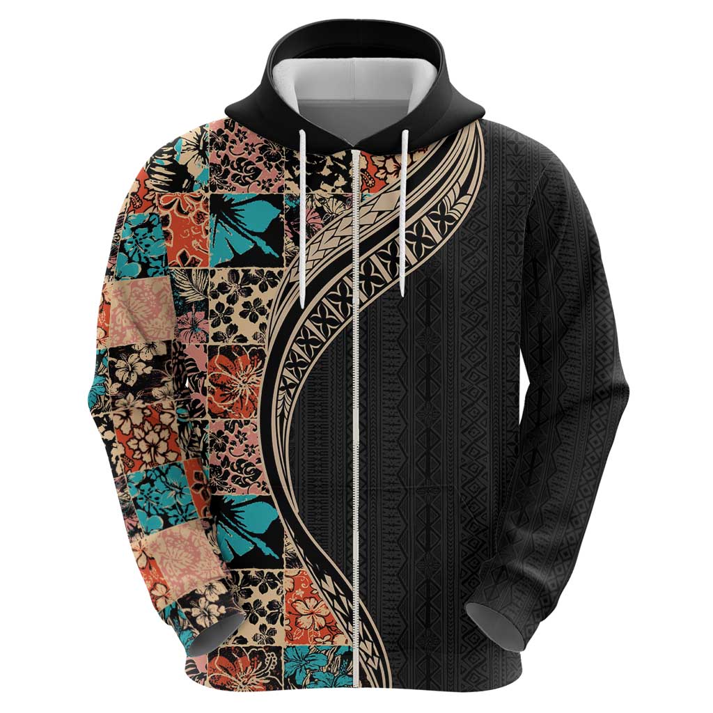 Hawaiian Hibiscus and Tropical Leaves Zip Hoodie Patchwork Grunge Abstract and Tapa Tribal Pattern Half Style LT03 - Polynesian Pride