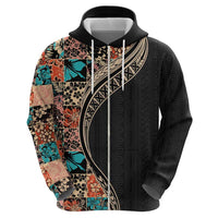 Hawaiian Hibiscus and Tropical Leaves Zip Hoodie Patchwork Grunge Abstract and Tapa Tribal Pattern Half Style LT03 - Polynesian Pride