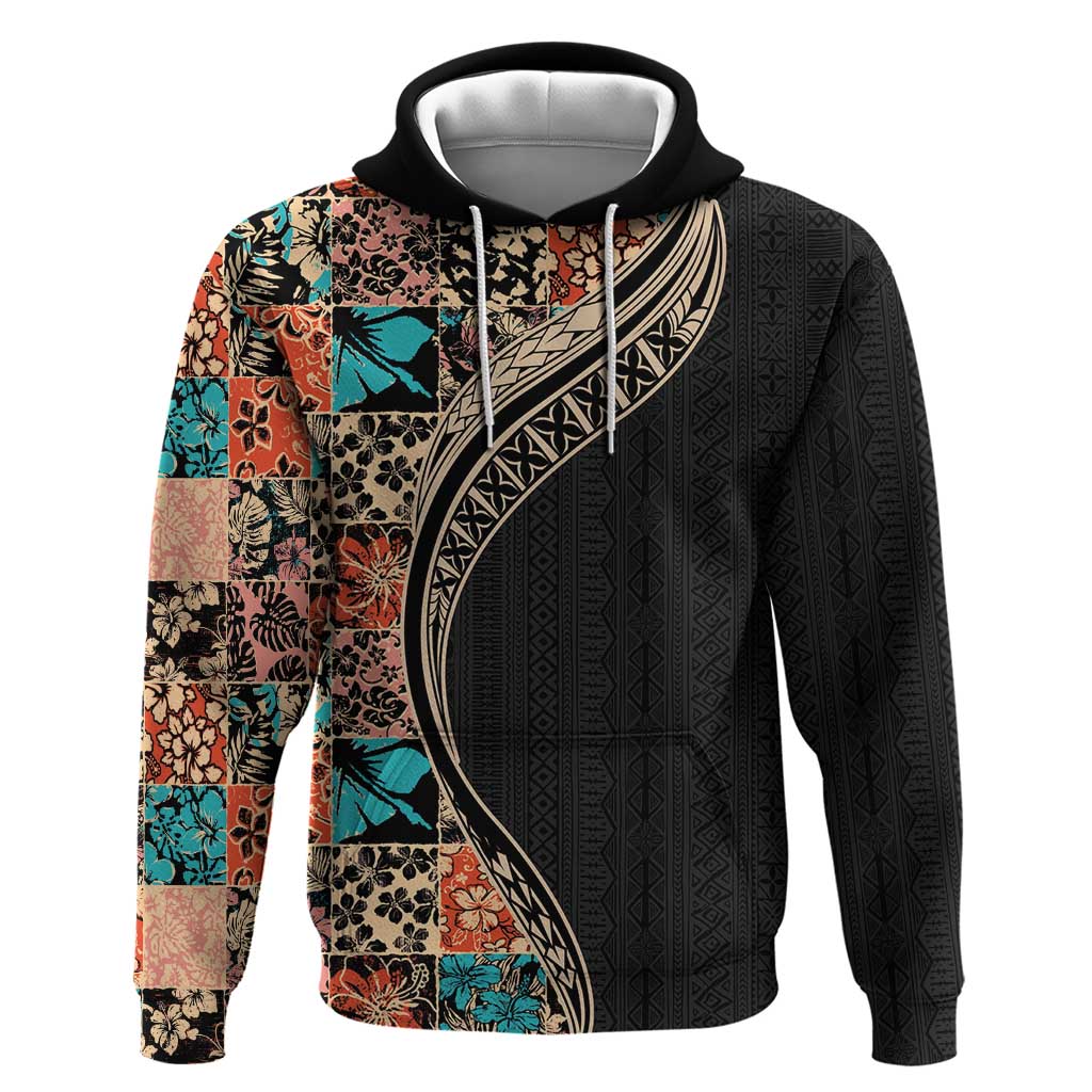 Hawaiian Hibiscus and Tropical Leaves Zip Hoodie Patchwork Grunge Abstract and Tapa Tribal Pattern Half Style LT03 Pullover Hoodie Black - Polynesian Pride