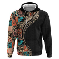 Hawaiian Hibiscus and Tropical Leaves Zip Hoodie Patchwork Grunge Abstract and Tapa Tribal Pattern Half Style LT03 Pullover Hoodie Black - Polynesian Pride