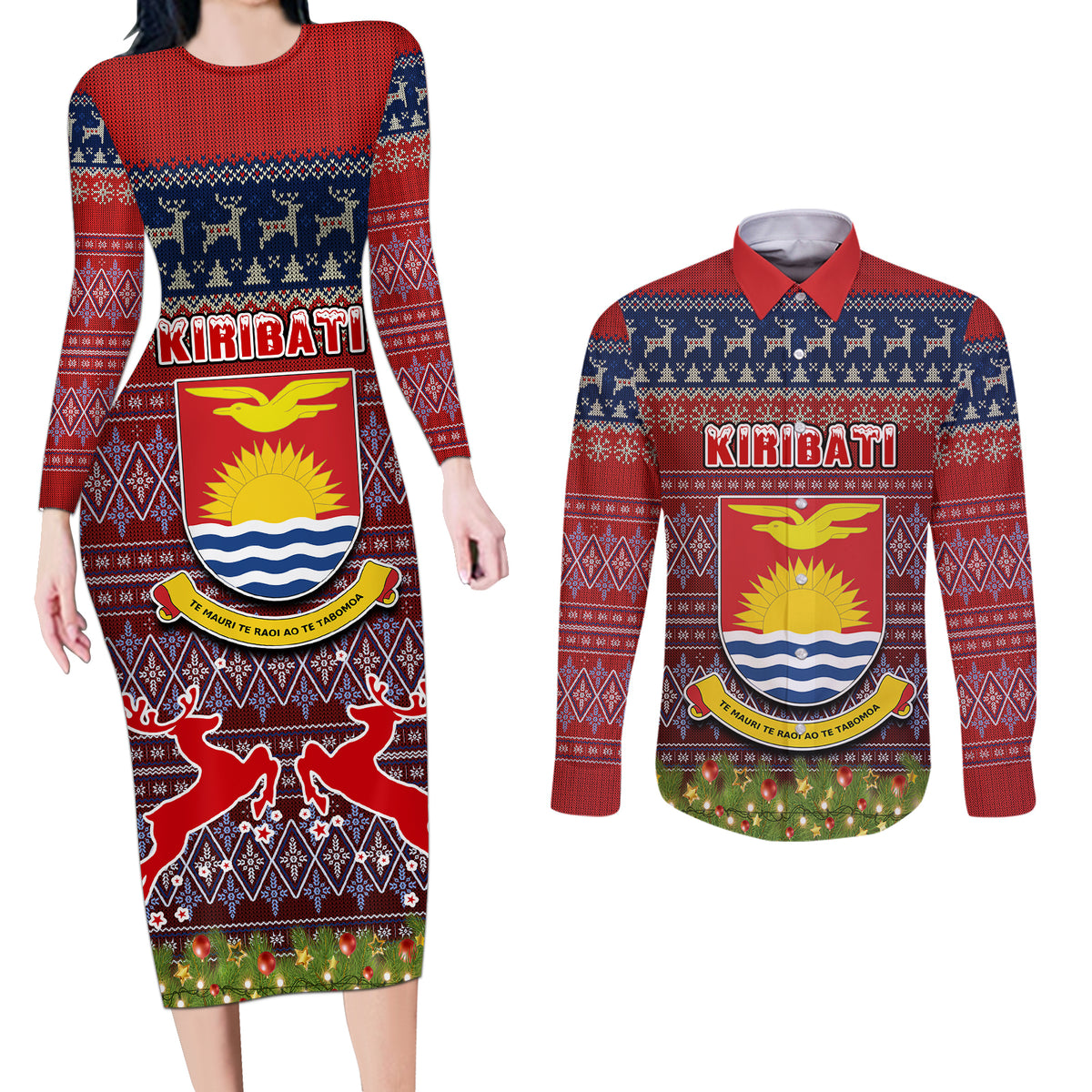 Personalised Kiribati Christmas Couples Matching Long Sleeve Bodycon Dress and Long Sleeve Button Shirts Coat of Arms and Map Beautiful Merry Xmas Snowflake LT03 Red - Polynesian Pride