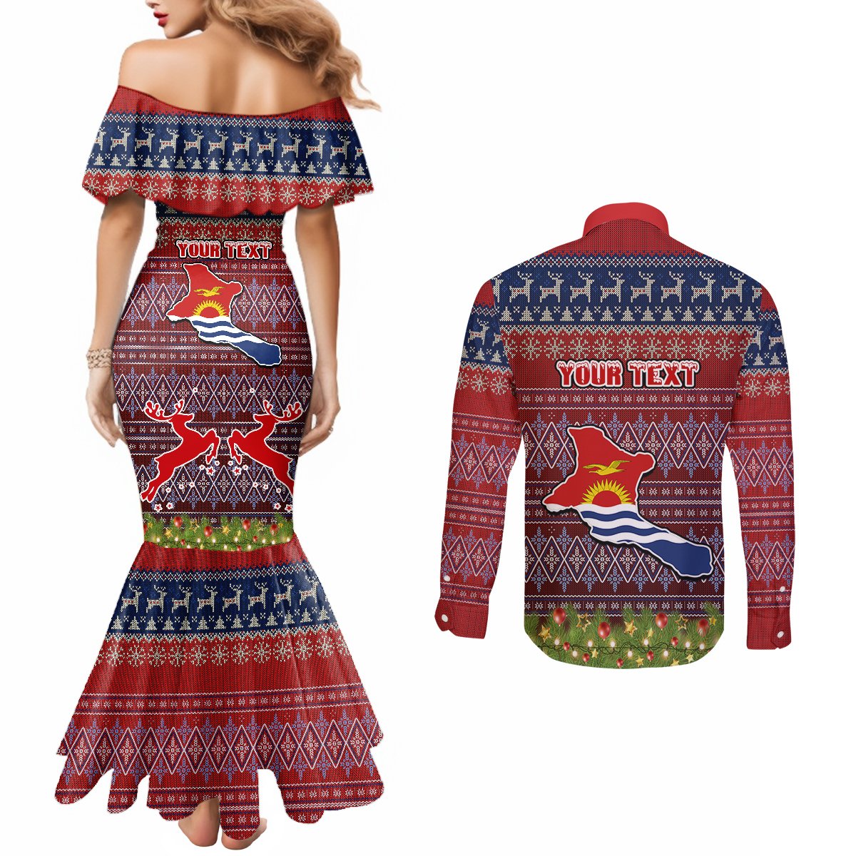 Personalised Kiribati Christmas Couples Matching Mermaid Dress and Long Sleeve Button Shirts Coat of Arms and Map Beautiful Merry Xmas Snowflake LT03 - Polynesian Pride