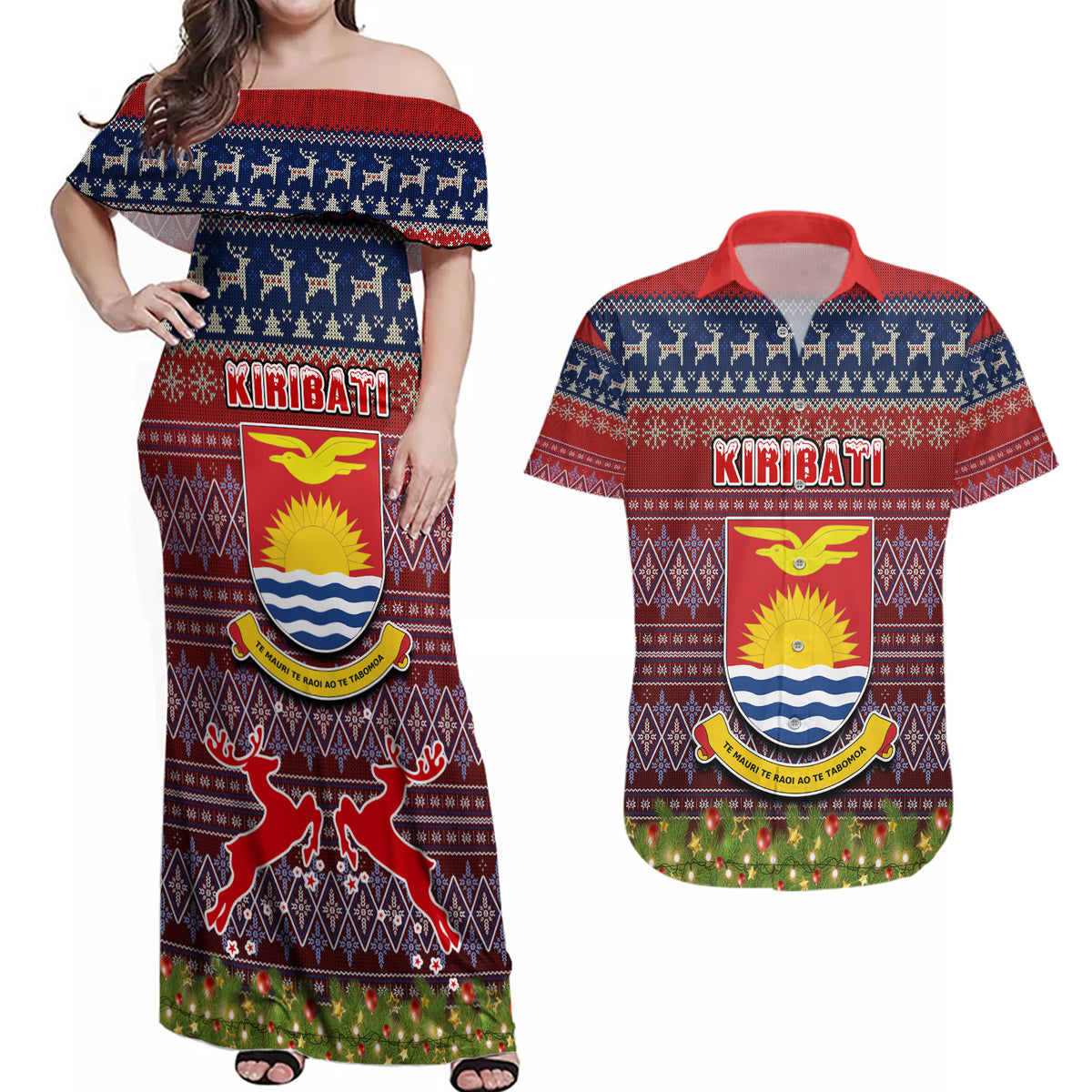 Personalised Kiribati Christmas Couples Matching Off Shoulder Maxi Dress and Hawaiian Shirt Coat of Arms and Map Beautiful Merry Xmas Snowflake LT03 Red - Polynesian Pride