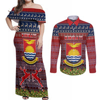 Personalised Kiribati Christmas Couples Matching Off Shoulder Maxi Dress and Long Sleeve Button Shirts Coat of Arms and Map Beautiful Merry Xmas Snowflake LT03 Red - Polynesian Pride