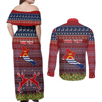 Personalised Kiribati Christmas Couples Matching Off Shoulder Maxi Dress and Long Sleeve Button Shirts Coat of Arms and Map Beautiful Merry Xmas Snowflake LT03 - Polynesian Pride