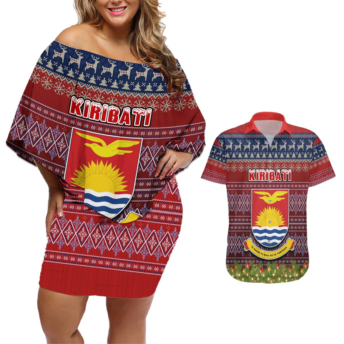 Personalised Kiribati Christmas Couples Matching Off Shoulder Short Dress and Hawaiian Shirt Coat of Arms and Map Beautiful Merry Xmas Snowflake LT03 Red - Polynesian Pride