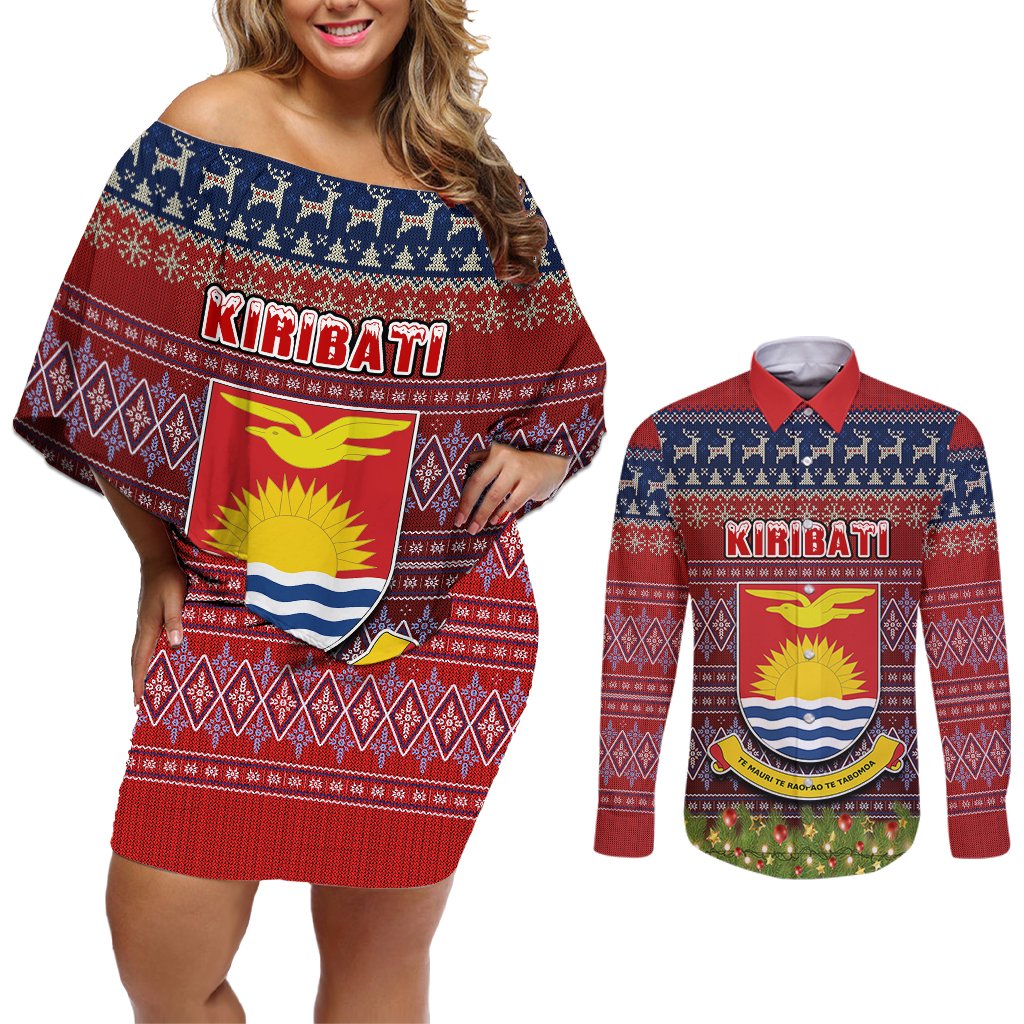 Personalised Kiribati Christmas Couples Matching Off Shoulder Short Dress and Long Sleeve Button Shirts Coat of Arms and Map Beautiful Merry Xmas Snowflake LT03 Red - Polynesian Pride