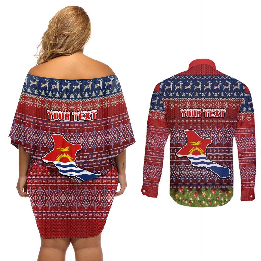 Personalised Kiribati Christmas Couples Matching Off Shoulder Short Dress and Long Sleeve Button Shirts Coat of Arms and Map Beautiful Merry Xmas Snowflake LT03 - Polynesian Pride