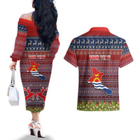Personalised Kiribati Christmas Couples Matching Off The Shoulder Long Sleeve Dress and Hawaiian Shirt Coat of Arms and Map Beautiful Merry Xmas Snowflake LT03 - Polynesian Pride