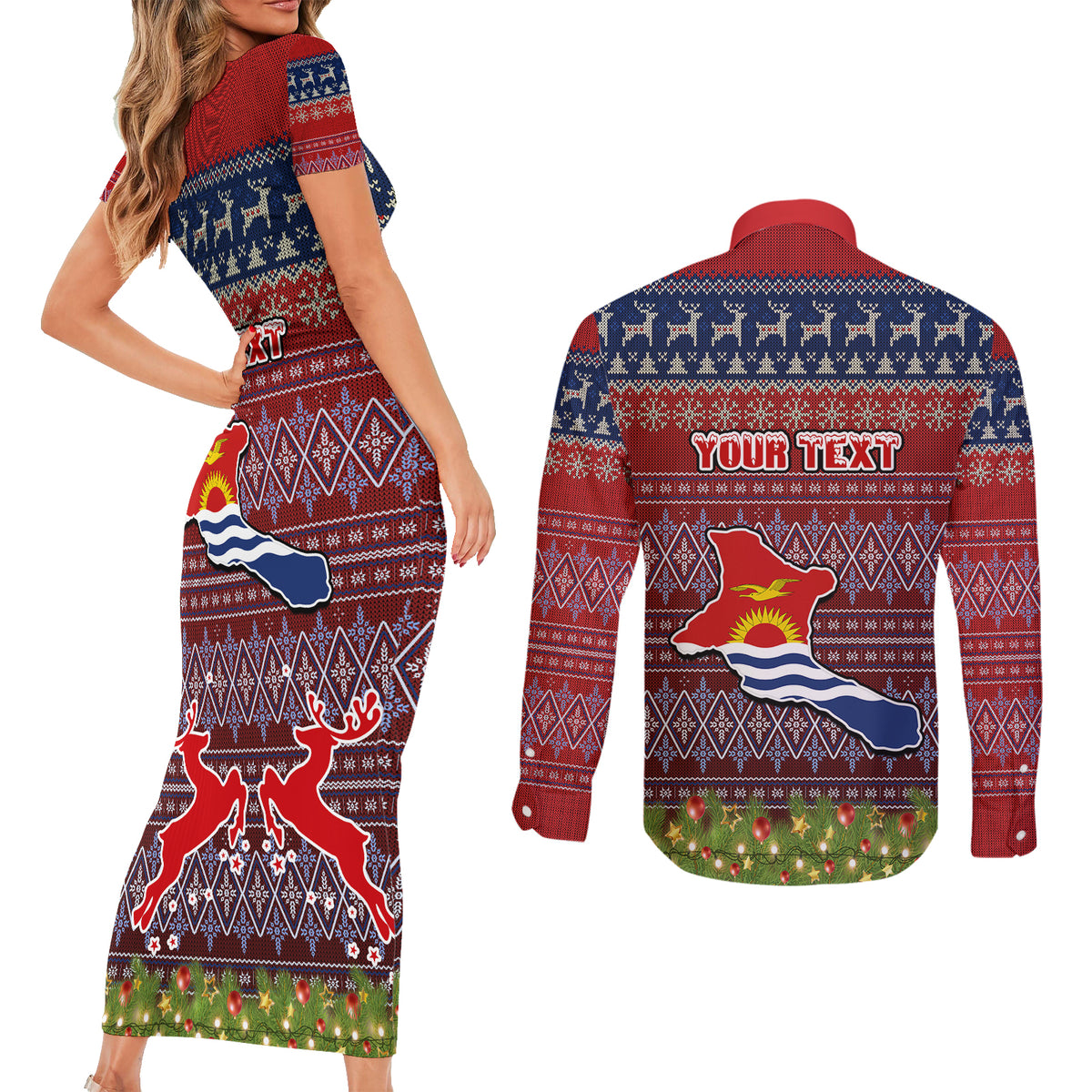 Personalised Kiribati Christmas Couples Matching Short Sleeve Bodycon Dress and Long Sleeve Button Shirts Coat of Arms and Map Beautiful Merry Xmas Snowflake LT03 - Polynesian Pride