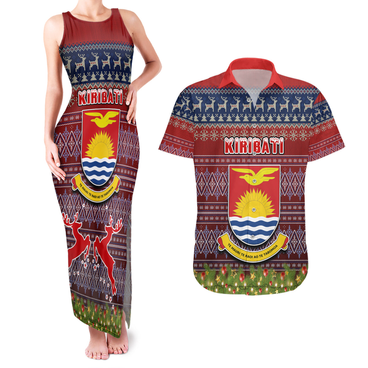 Personalised Kiribati Christmas Couples Matching Tank Maxi Dress and Hawaiian Shirt Coat of Arms and Map Beautiful Merry Xmas Snowflake LT03 Red - Polynesian Pride