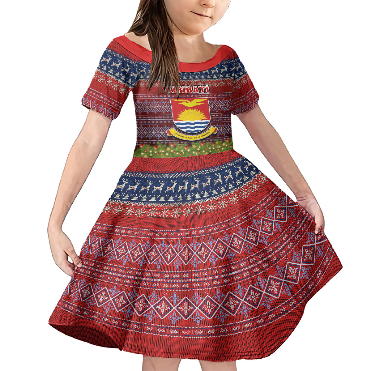 Personalised Kiribati Christmas Family Matching Mermaid Dress and Hawaiian Shirt Coat of Arms and Map Beautiful Merry Xmas Snowflake LT03 Daughter's Dress Red - Polynesian Pride