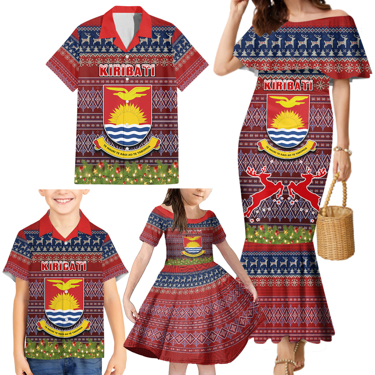 Personalised Kiribati Christmas Family Matching Mermaid Dress and Hawaiian Shirt Coat of Arms and Map Beautiful Merry Xmas Snowflake LT03 - Polynesian Pride
