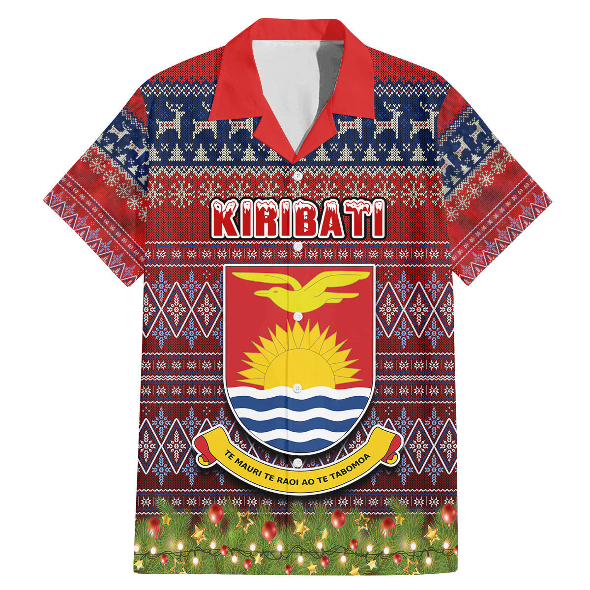 Personalised Kiribati Christmas Family Matching Mermaid Dress and Hawaiian Shirt Coat of Arms and Map Beautiful Merry Xmas Snowflake LT03 Dad's Shirt - Short Sleeve Red - Polynesian Pride