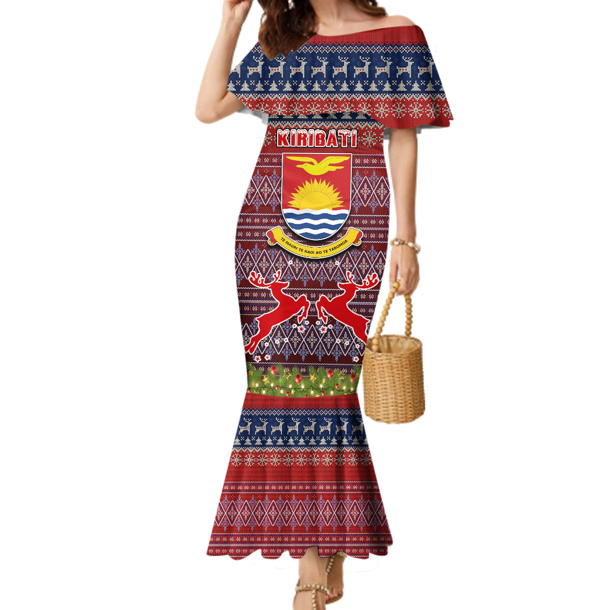 Personalised Kiribati Christmas Family Matching Mermaid Dress and Hawaiian Shirt Coat of Arms and Map Beautiful Merry Xmas Snowflake LT03 Mom's Dress Red - Polynesian Pride