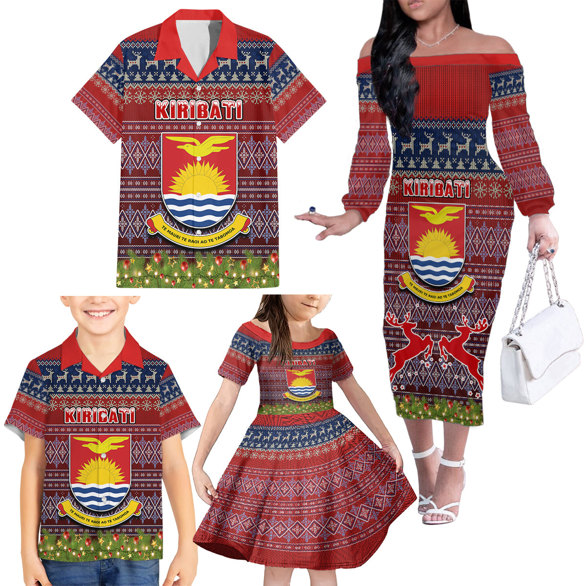 Personalised Kiribati Christmas Family Matching Off Shoulder Long Sleeve Dress and Hawaiian Shirt Coat of Arms and Map Beautiful Merry Xmas Snowflake LT03 - Polynesian Pride