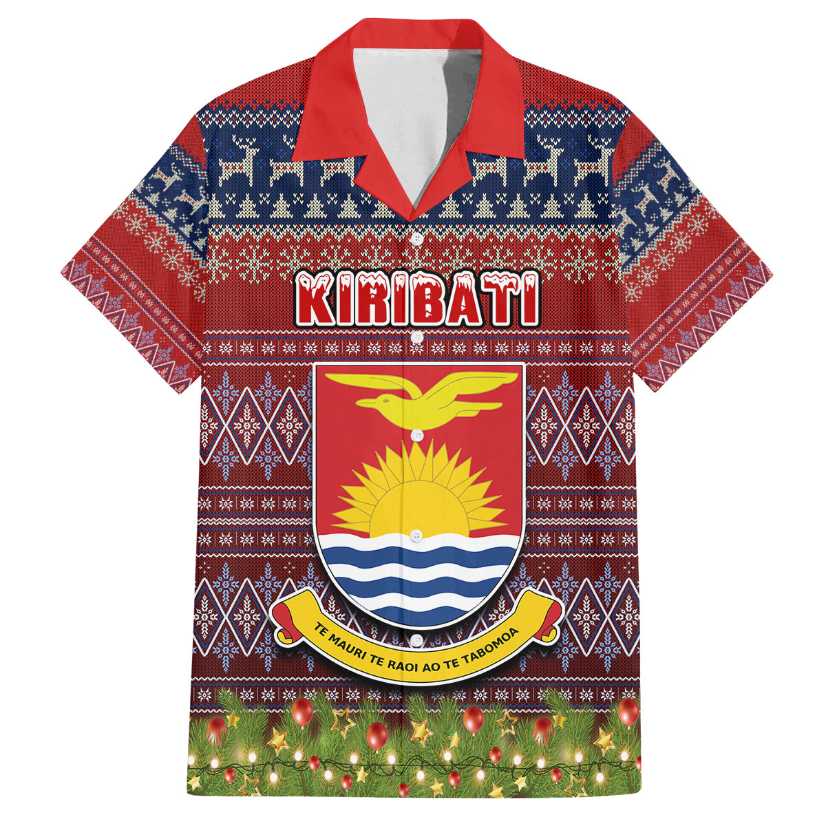 Personalised Kiribati Christmas Family Matching Off Shoulder Long Sleeve Dress and Hawaiian Shirt Coat of Arms and Map Beautiful Merry Xmas Snowflake LT03 Dad's Shirt - Short Sleeve Red - Polynesian Pride