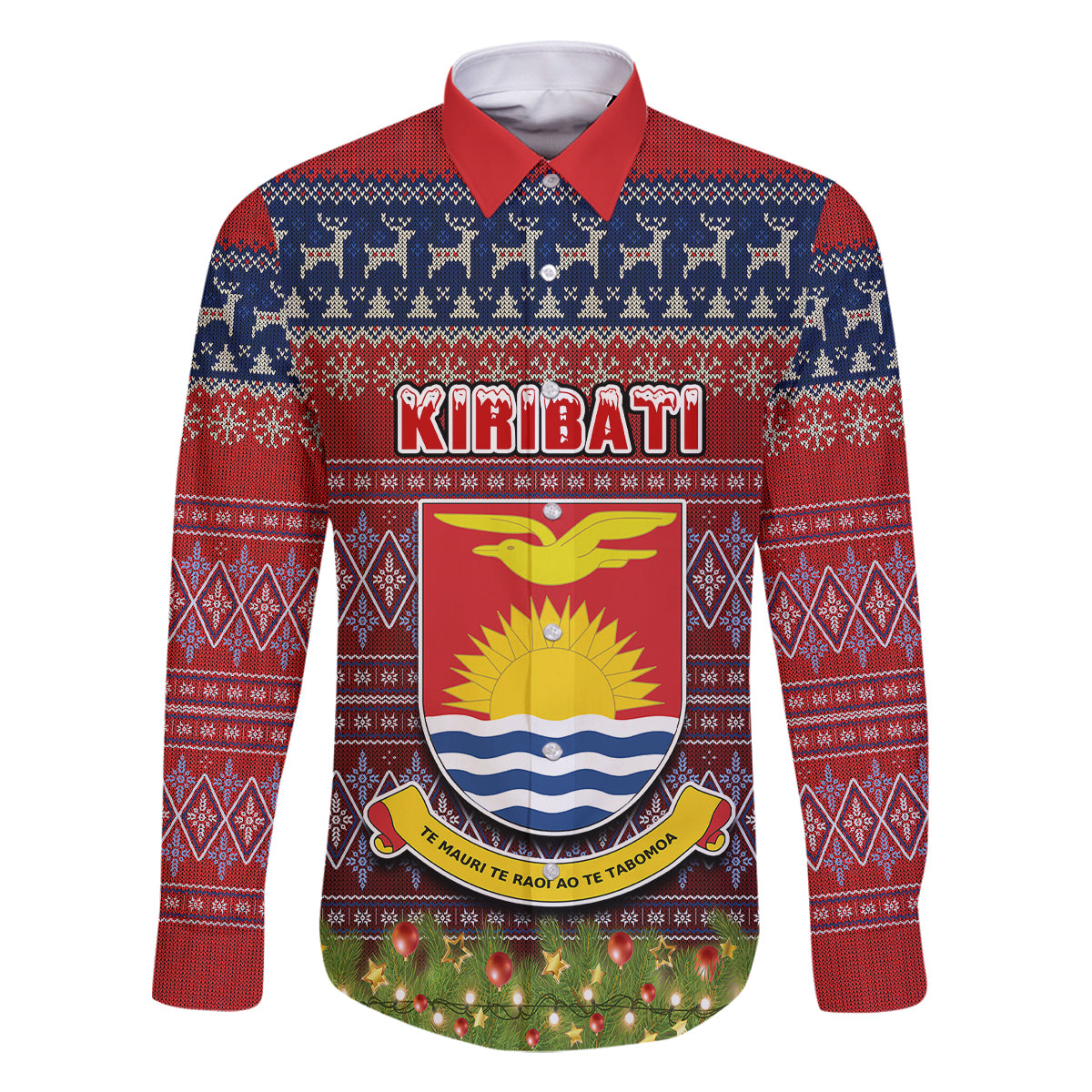 Personalised Kiribati Christmas Family Matching Off Shoulder Long Sleeve Dress and Hawaiian Shirt Coat of Arms and Map Beautiful Merry Xmas Snowflake LT03 Dad's Shirt - Long Sleeve Red - Polynesian Pride