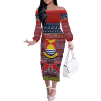 Personalised Kiribati Christmas Family Matching Off Shoulder Long Sleeve Dress and Hawaiian Shirt Coat of Arms and Map Beautiful Merry Xmas Snowflake LT03 Mom's Dress Red - Polynesian Pride
