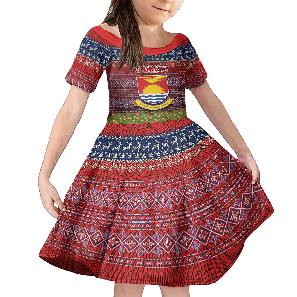 Personalised Kiribati Christmas Family Matching Off Shoulder Maxi Dress and Hawaiian Shirt Coat of Arms and Map Beautiful Merry Xmas Snowflake LT03 Daughter's Dress Red - Polynesian Pride