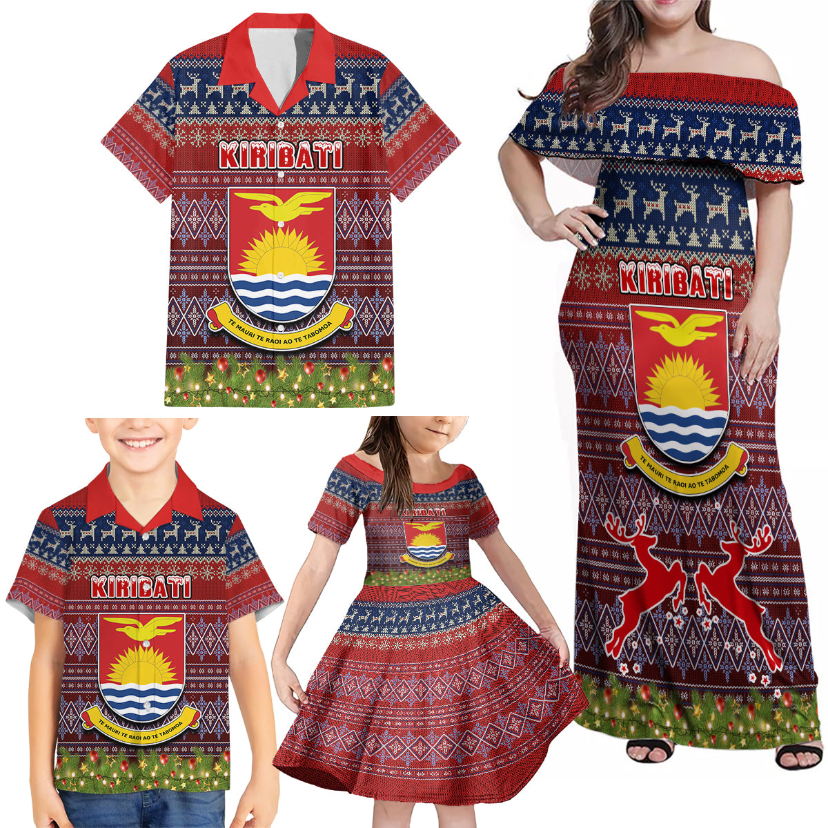 Personalised Kiribati Christmas Family Matching Off Shoulder Maxi Dress and Hawaiian Shirt Coat of Arms and Map Beautiful Merry Xmas Snowflake LT03 - Polynesian Pride