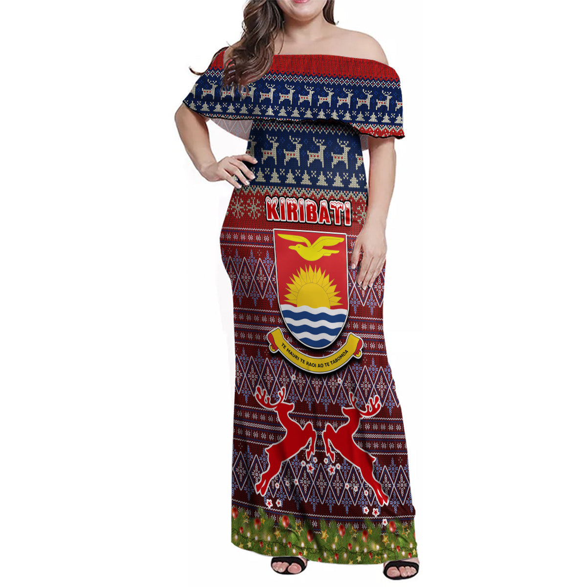 Personalised Kiribati Christmas Family Matching Off Shoulder Maxi Dress and Hawaiian Shirt Coat of Arms and Map Beautiful Merry Xmas Snowflake LT03 Dad's Shirt - Long Sleeve Red - Polynesian Pride