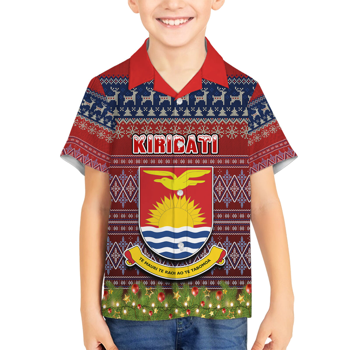 Personalised Kiribati Christmas Family Matching Off Shoulder Maxi Dress and Hawaiian Shirt Coat of Arms and Map Beautiful Merry Xmas Snowflake LT03 Son's Shirt Red - Polynesian Pride
