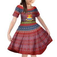 Personalised Kiribati Christmas Family Matching Off Shoulder Short Dress and Hawaiian Shirt Coat of Arms and Map Beautiful Merry Xmas Snowflake LT03 Daughter's Dress Red - Polynesian Pride
