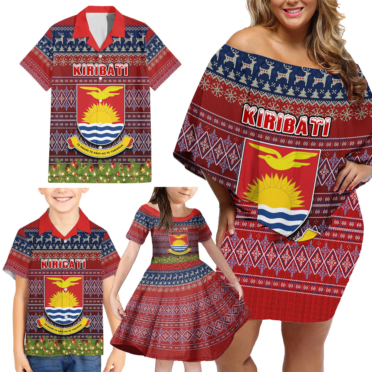 Personalised Kiribati Christmas Family Matching Off Shoulder Short Dress and Hawaiian Shirt Coat of Arms and Map Beautiful Merry Xmas Snowflake LT03 - Polynesian Pride