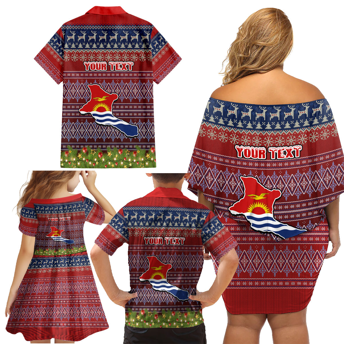 Personalised Kiribati Christmas Family Matching Off Shoulder Short Dress and Hawaiian Shirt Coat of Arms and Map Beautiful Merry Xmas Snowflake LT03 - Polynesian Pride