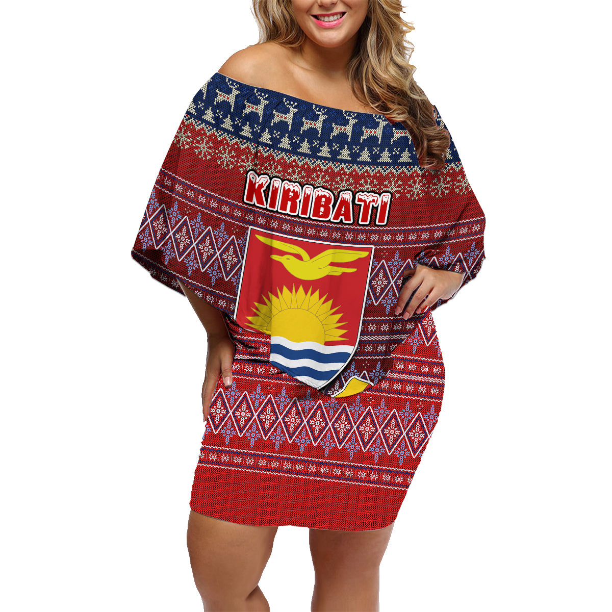 Personalised Kiribati Christmas Family Matching Off Shoulder Short Dress and Hawaiian Shirt Coat of Arms and Map Beautiful Merry Xmas Snowflake LT03 Mom's Dress Red - Polynesian Pride